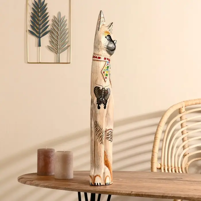 Сувенир дерево "Кошка с бабочкой и бантом из мозаики" белая 60х12х6 см