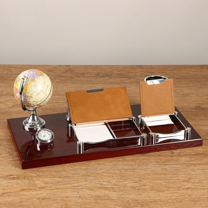 Набор настольный 6в1 с визитницей и часами, красное дерево