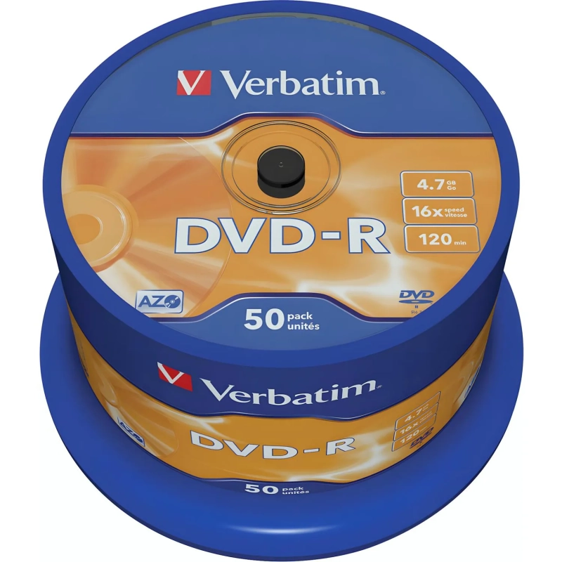 Носители информации DVD-R, 16x, Verbatim Azo Matt Silver, Cake/50, 43548