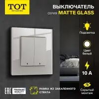 Выключатель TOT Matte Glass, 10 А, 2 клавиши, с подсветкой, скрытый монтаж, стеклянная рамка, белый
