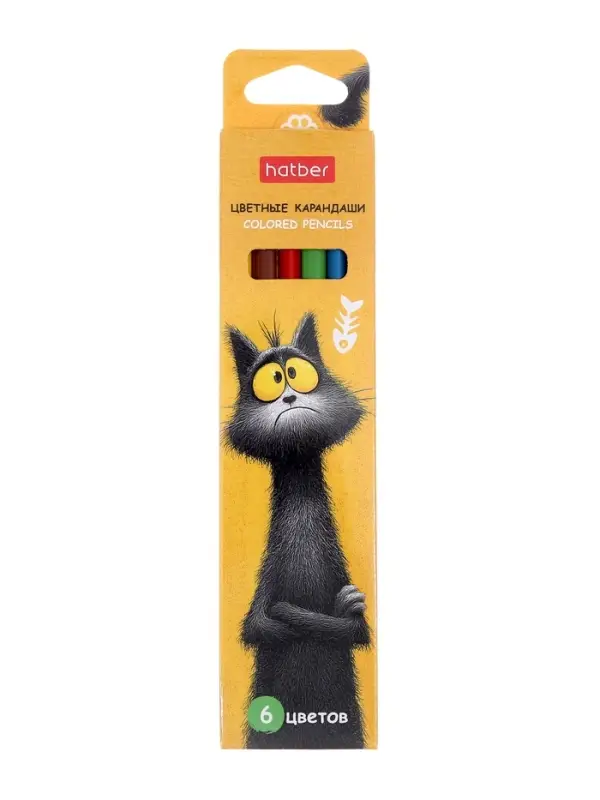 Карандаши 6цв, Hatber, заточ, трехгр, коробка, европодвес 94072
