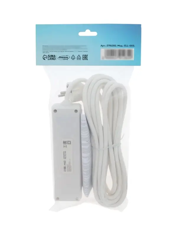 Удлинитель Luazon Lighting, 3 розетки, 5 м, 6 А, 1300 Вт, 3&times;0.75 мм2, с заземлением, с выключателем, белый