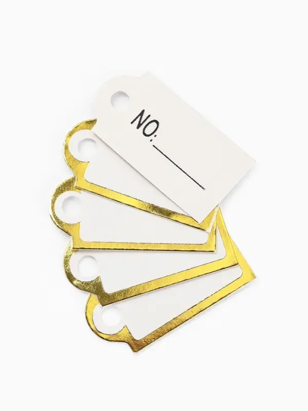 Ценники на верёвке, 100 шт. отверстие 3 мм, 1.3&times;2.5 см, белые, золотой