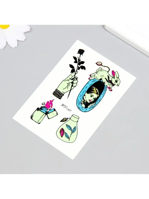 Переводные тату на тело светящиеся цветные «Алиса в норе», 14.3×7.5 см