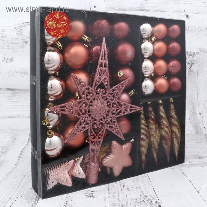Набор украшений пластик с верхушкой 43 шт Набор украшений пластик с верхушкой 43 шт "Глория 2" (32 шара, 4 сосульки, 6 звёзд)