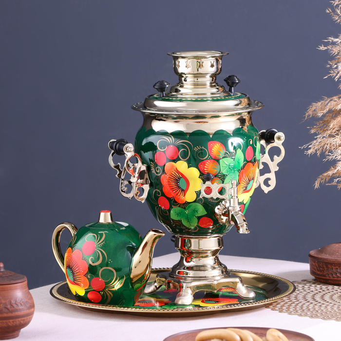 Набор «Маки на зелёном», жёлудь, 3 предмета, самовар 3 л, заварочный чайник 0,7 л, поднос Набор «Маки на зелёном», жёлудь, 3 предмета, самовар 3 л, заварочный чайник 0,7 л, поднос