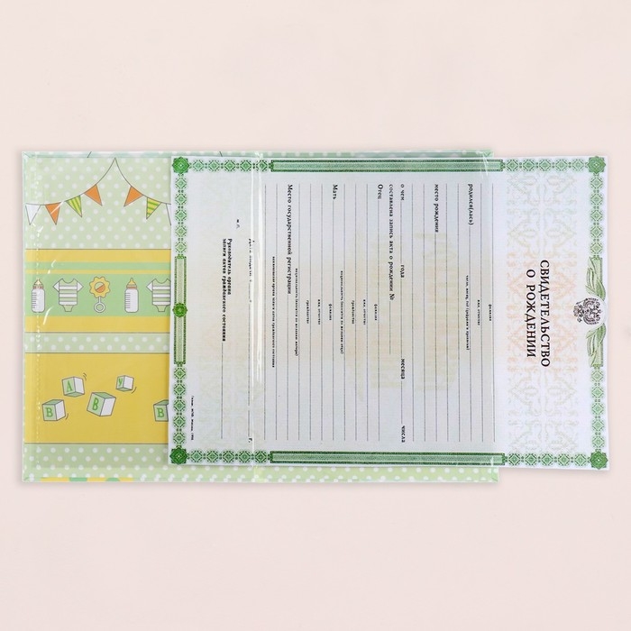 Свидетельство о рождении Свидетельство о рождении "Воздушные шары" тиснение, зеленый фон, А5