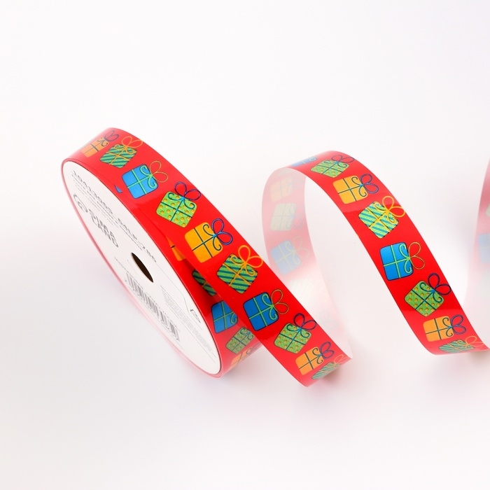 Лента для декора и подарков, Лента для декора и подарков, "Подарки", красный, 2 см х 50 м
