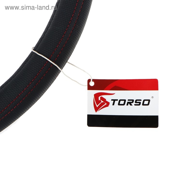 Оплетка на руль TORSO, кожа PU, перфорация, размер 38 см, красная строчка, черный