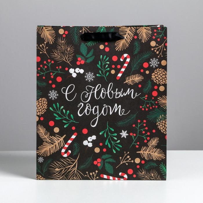 Пакет подарочный новогодний крафтовый вертикальный «Еловый лес», ML 23 х 27 х 11.5 см, Новый год Пакет подарочный новогодний крафтовый вертикальный «Еловый лес», ML 23 х 27 х 11.5 см, Новый год