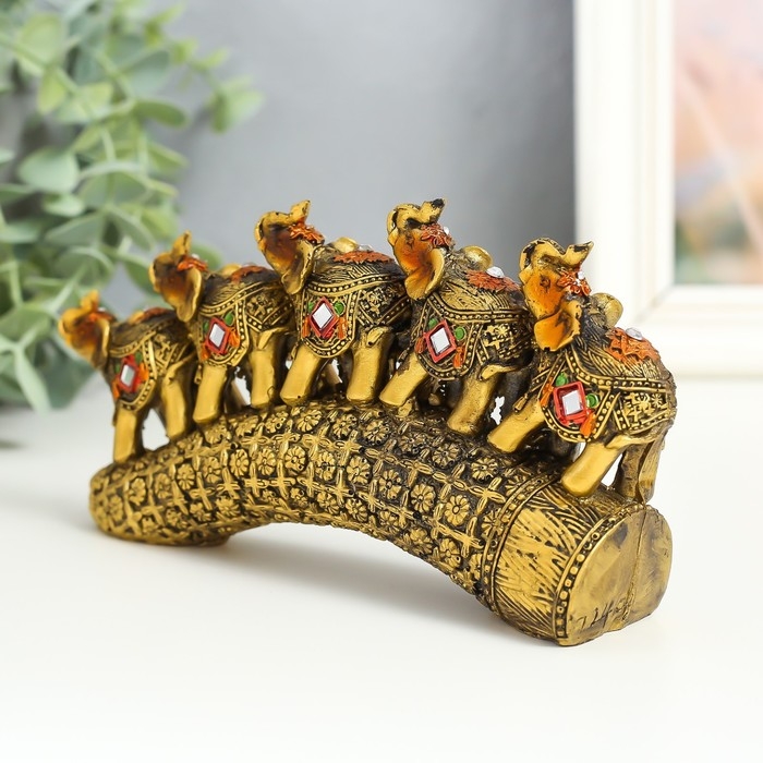 Сувенир полистоун Сувенир полистоун "Пять слонов на бивне с цветами" бронза 17х4х8 см