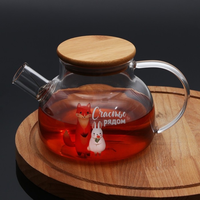 Чайник стеклянный заварочный с бамбуковой крышкой «Счастье рядом», 800 мл Чайник стеклянный заварочный с бамбуковой крышкой «Счастье рядом», 800 мл