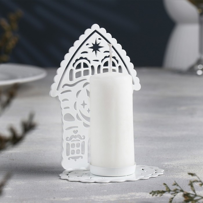 Новый год Подсвечник Новый год Подсвечник "Домик с часами" металл на одну свечу, 6,7х10х13,5 см, белый