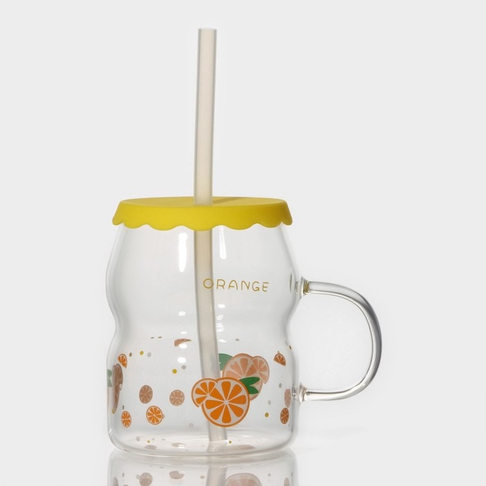 Кружка стеклянная с силиконовой крышкой и трубочкой «Фрутис», 400 мл, цвет МИКС Кружка стеклянная с силиконовой крышкой и трубочкой «Фрутис», 400 мл, цвет МИКС