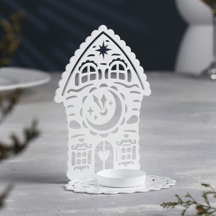 Новый год Подсвечник Новый год Подсвечник "Домик с часами" металл на одну свечу, 6,7х10х13,5 см, белый