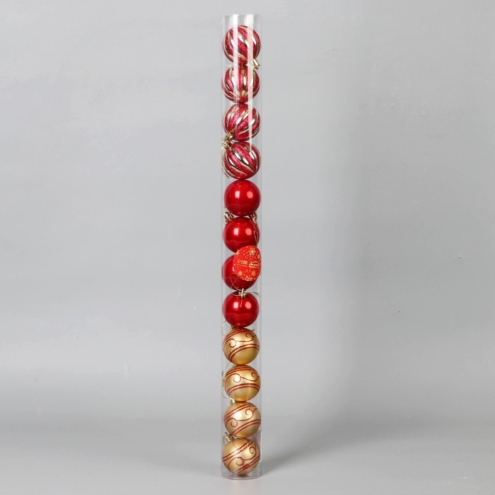 Набор шаров пластик d-5 см, 12 шт Набор шаров пластик d-5 см, 12 шт "Агнет" узоры полосы, золотисто-красный