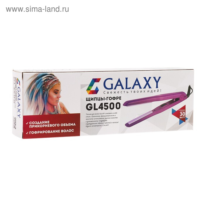 Щипцы-гофре Galaxy GL 4500, 30 Вт, до 200°С, керамика, пластины 86 х 13 мм, фиолетовые Щипцы-гофре Galaxy GL 4500, 30 Вт, до 200°С, керамика, пластины 86 х 13 мм, фиолетовые