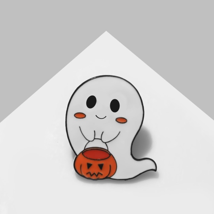 Значок «Привидение » с корзинкой, цвет бело-оранжевый в чёрном металле Значок «Привидение » с корзинкой, цвет бело-оранжевый в чёрном металле