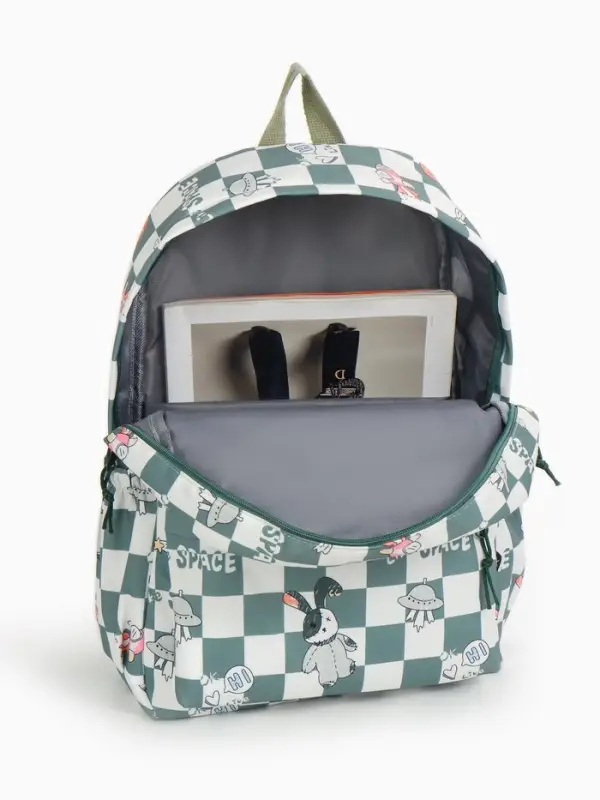 Рюкзак школьный на молнии, с карманами, в клетку, 28&times;11.5&times;40 см, зелёный