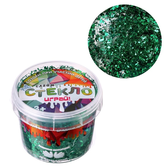 Слайм «Стекло» с зелёными блёстками слюда Слайм «Стекло» с зелёными блёстками слюда