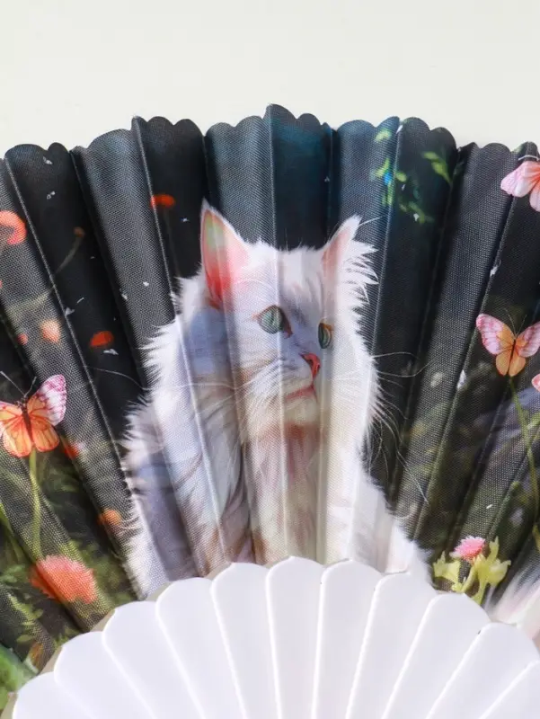Веер пластик, текстиль Веер пластик, текстиль "Кошечки и цветы" МИКС широкие лопасти 23 см