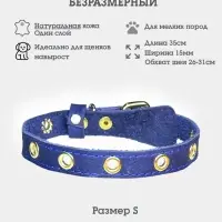 Ошейник, безразмерный, 35&times;1.5 см, с подпряжником, кожа, синий
