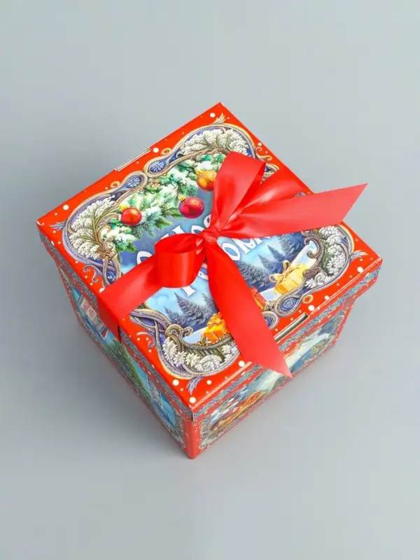 Подарочная новогодняя коробка крышка-дно с атласной лентой 17×17×17 см Подарочная новогодняя коробка крышка-дно с атласной лентой 17×17×17 см