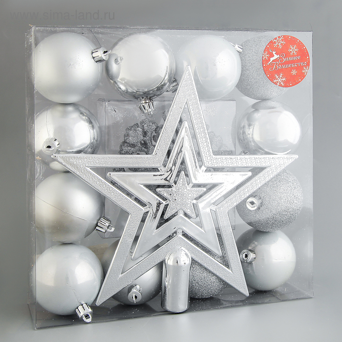 Набор украшений пластик с верхушкой 17 шт Набор украшений пластик с верхушкой 17 шт "Снежный" серебро