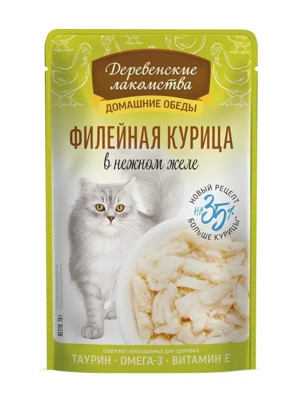 Деревенские лакомства" конс. д/кошек &laquo;Филейная курица в нежном желе&raquo;, пауч 70г