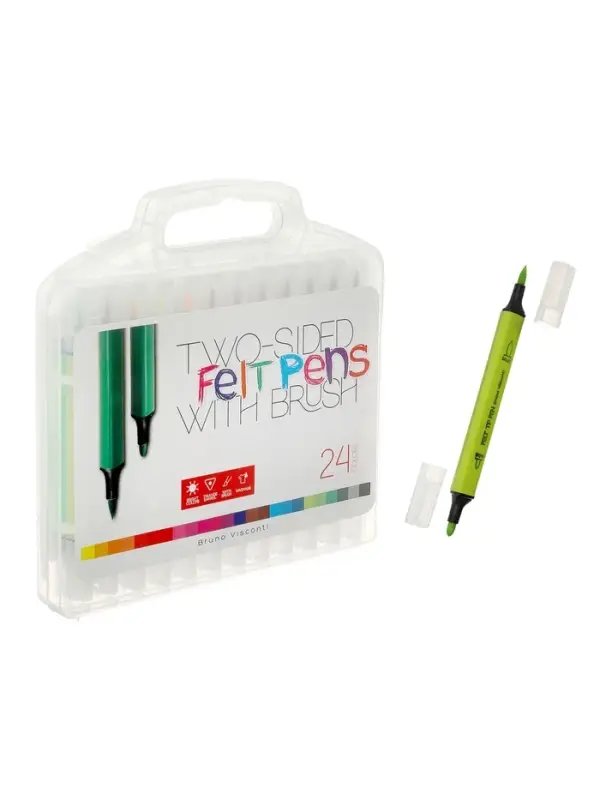 Фломастеры-кисточки 24 BRIGHT, COLORS, двусторонние, в пластиковом пенале