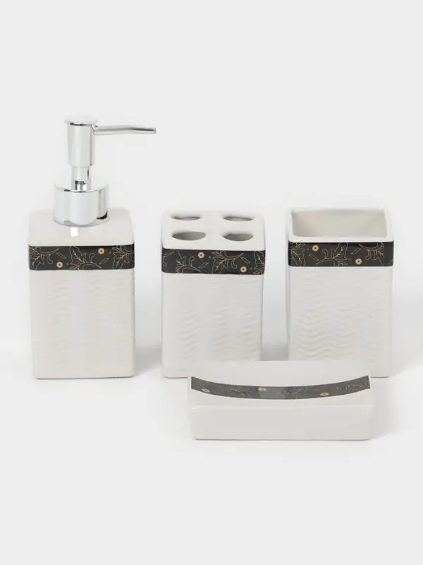 Аксессуары для ванной &laquo;Золотой лист&raquo;, 4 предмета: дозатор 250 мл, мыльница, 2 стакана, белые