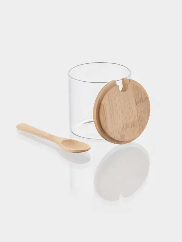 Сахарница Bella Tenero &laquo;Эко&raquo;, 300 мл, 8&times;8&times;8.5 см, с бамбуковой крышкой и ложкой, стекло, прозрачная