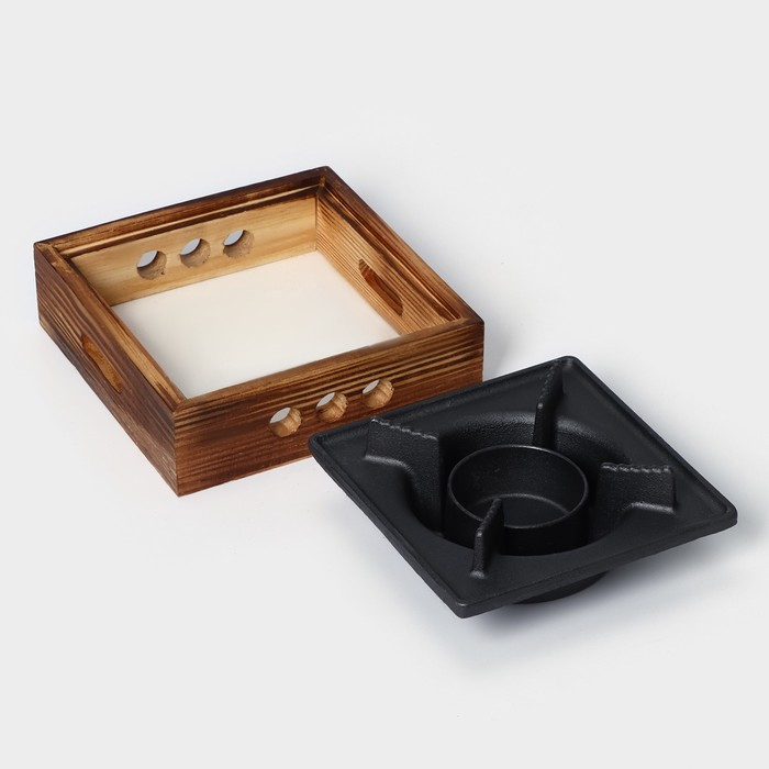 Подставка для подогрева блюд, 20×20×8 см, с деревянной подставкой Подставка для подогрева блюд, 20×20×8 см, с деревянной подставкой