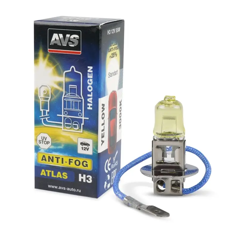 Галогенная лампа AVS/ATLAS ANTI-FOG/BOX желтый H3.12V.55W.коробка 1шт.