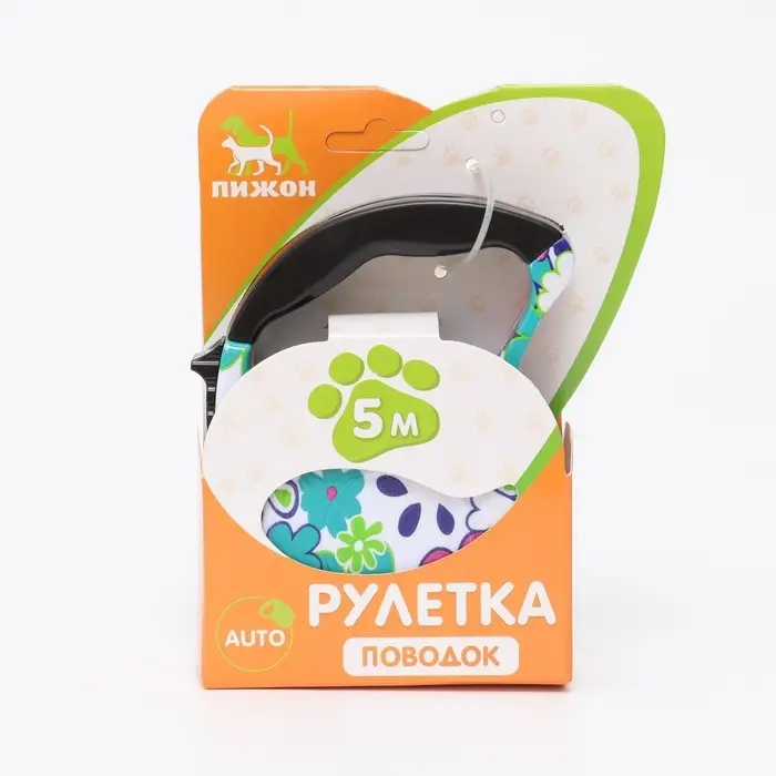 Рулетка, резиновая ручка, 5 м, до 15 кг, с поводком-лентой, разноцветная