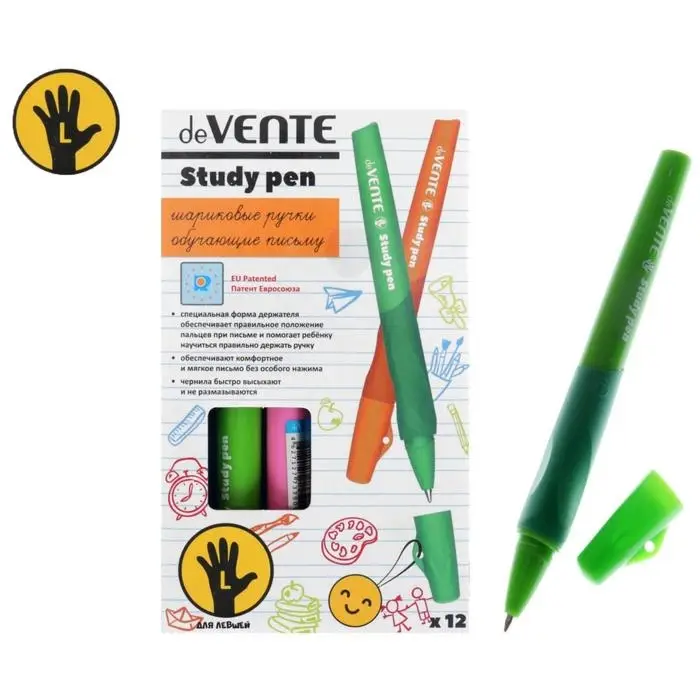Ручка обучающая для левши deVENTE Study Pen, узел 0.7 мм, каучуковый держатель, чернила синие на масляной основе Ручка обучающая для левши deVENTE Study Pen, узел 0.7 мм, каучуковый держатель, чернила синие на масляной основе