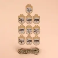 Набор бирок с джутом и наклейками «Ручная работа», крафтовый, 10 шт., 4.1×6 см/6 шт., 3.9×4 см