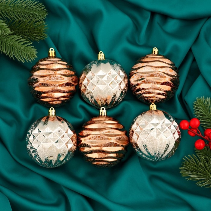 Набор шаров пластик d-8 см, 6 шт Набор шаров пластик d-8 см, 6 шт "Эйвери" грани, серебро коричневый