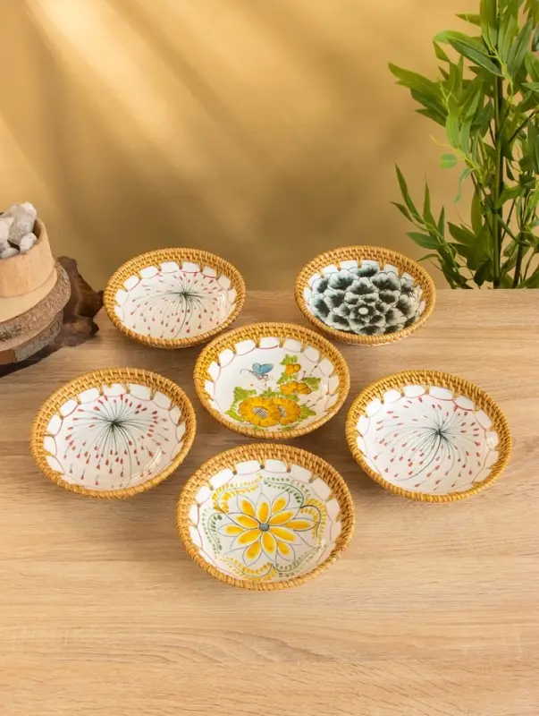 Тарелка керамическая с ротангом 18х18х3,7 см, МИКС