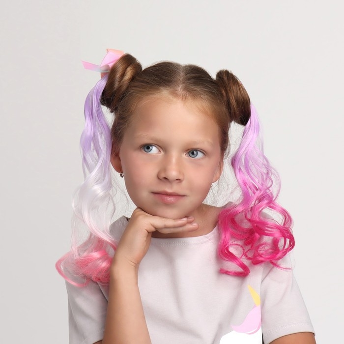 Локон накладной «Бантик», кудрявый волос, на заколке, 32 см, цвет сиреневый/пепельный/розовый