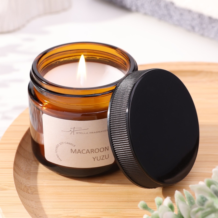 Свеча ароматическая в банке  Свеча ароматическая в банке "MACAROON YUZU", соевый воск, 50 г, печенье и юзу