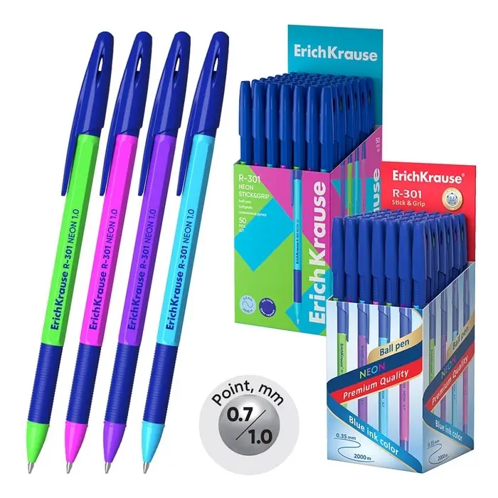 Ручка шариковая ErichKrause R-301 Neon Stick & Grip, узел 0,7-1.0 мм, чернила синие, резиновый держатель, длина линии письма 2000 метров, МИКС