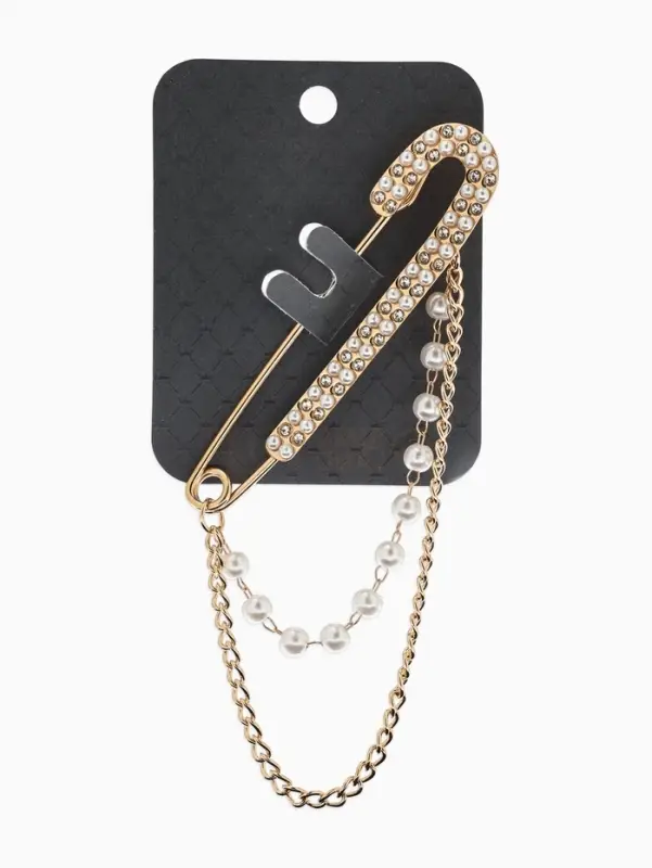 Булавка &laquo;Шик&raquo; в стразах, цепочка, жемчуг, L=7.5 см, цвет белый в золоте