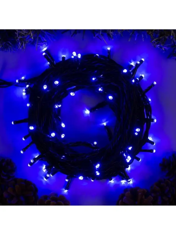 Гирлянда &laquo;Нить&raquo; 10 м, IP44, УМС, тёмная нить, 100 LED, свечение синее, 220 В