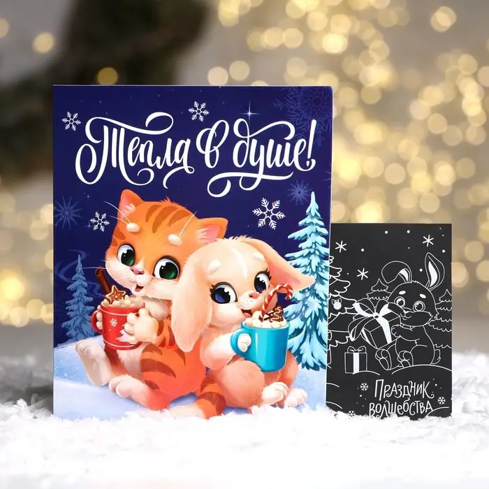 Гравюра - открытка на новый год «Тепла в душе», с эффектом «радуга»