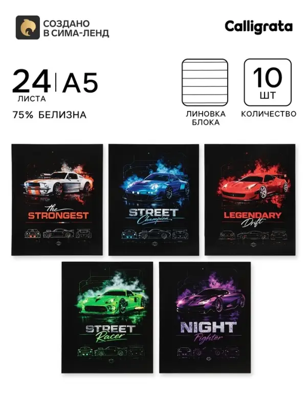 Тетрадь 10 штук, 24 листа в линейку &laquo;Гоночные авто&raquo;, серые листы, блок №2, 5 видов