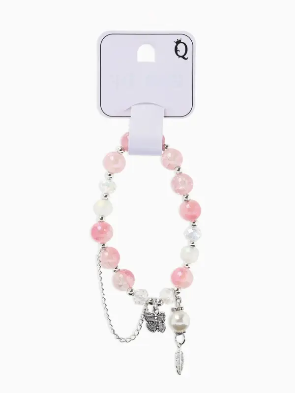 Браслет с подвесками &laquo;Сахарный. Бабочка и перо&raquo;, d=6 см, шар № 10/8, розовый в серебре