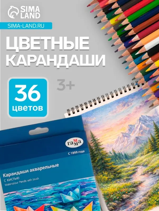 Карандаши цветные акварельные 36 цветов, &laquo;Гамма. Лицей&raquo;, с кистью, шестигранные