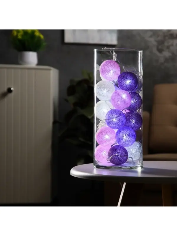 Гирлянда &laquo;Нить&raquo; 5 м с насадками &laquo;Клубки лиловые&raquo;, IP20, прозрачная нить, 20 LED, свечение белое, 220 В