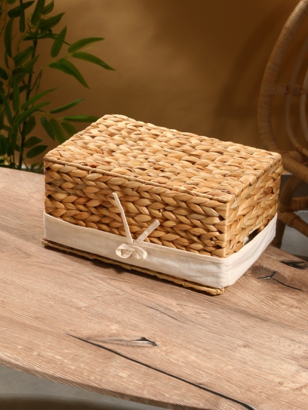 Корзинка прямоугольная с крышкой и тканевым подкладом, 33х22х14 см, водный гиацинт